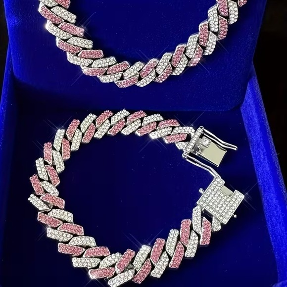 Men's Hip Hop Miami Cuban Prong Link Necklace and bracelet set PINK ice bling - Picture 2 of 3
